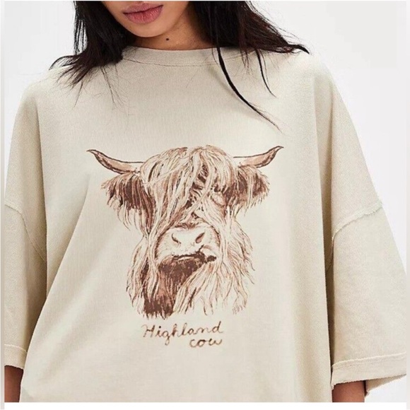 Free People Highland cow We The Free Farm Friends Tee Shirt Cream Sz L NEW - Picture 14 of 14